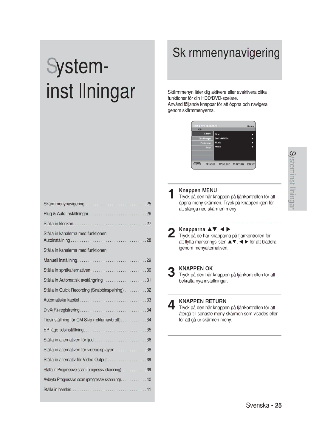 Samsung DVD-HR730/XEE manual Knappen Menu, Knapparna pq, t u 