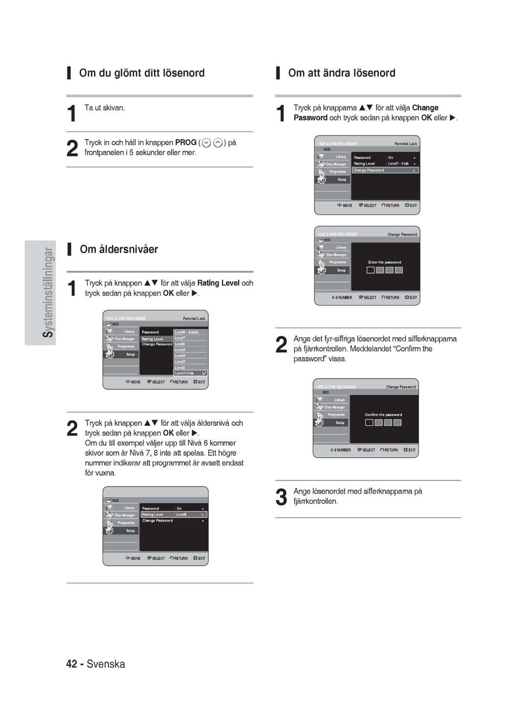 Samsung DVD-HR730/XEE manual Om du glömt ditt lösenord, Om att ändra lösenord, För vuxna 