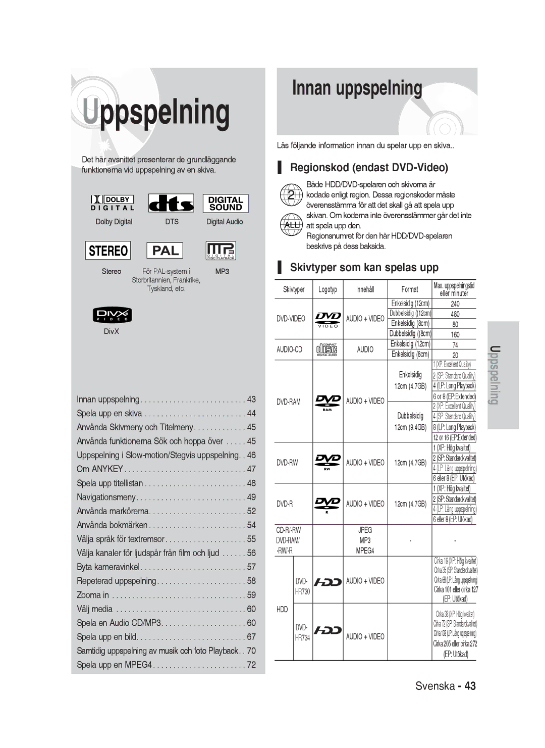 Samsung DVD-HR730/XEE manual Innan uppspelning, Regionskod endast DVD-Video, Skivtyper som kan spelas upp 