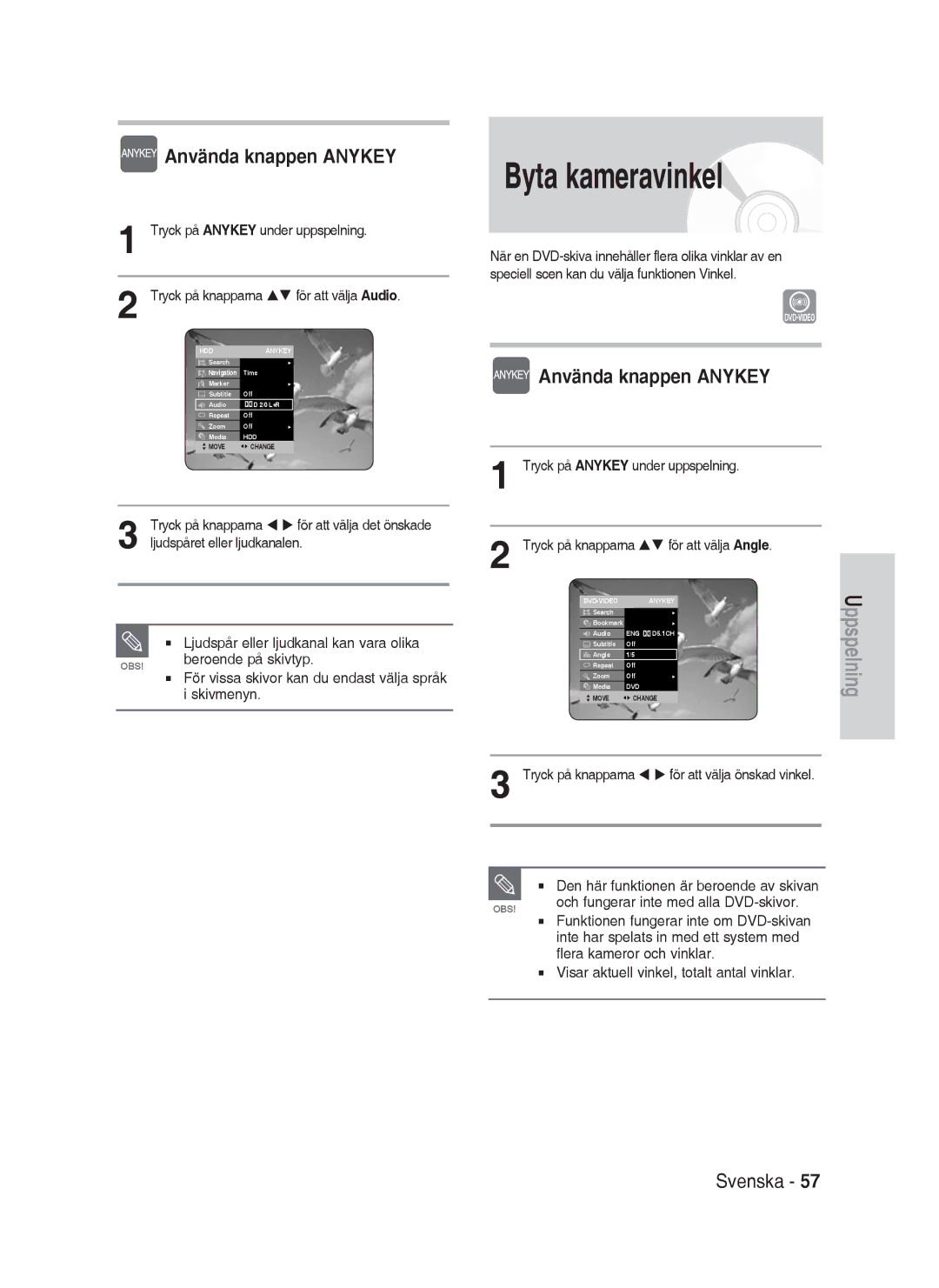 Samsung DVD-HR730/XEE manual Byta kameravinkel, Tryck på knapparna pq för att välja Angle 