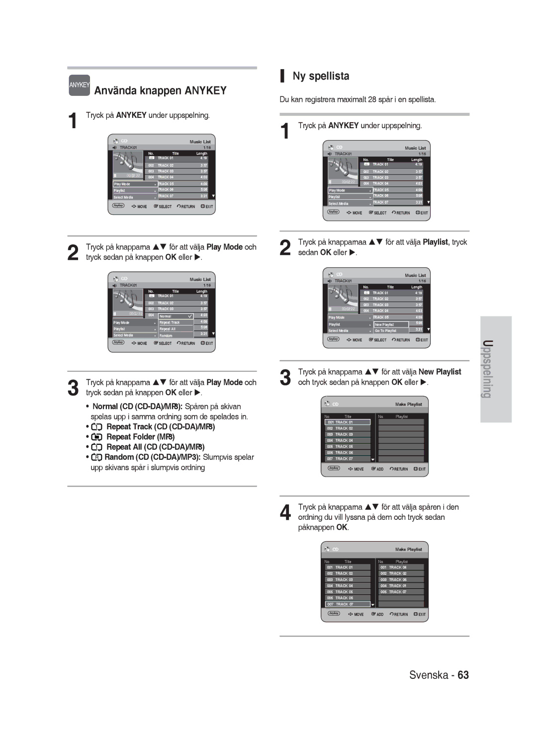 Samsung DVD-HR730/XEE manual Ny spellista, Repeat Track CD CD-DA/MP3, Repeat Folder MP3, Repeat All CD CD-DA/MP3 