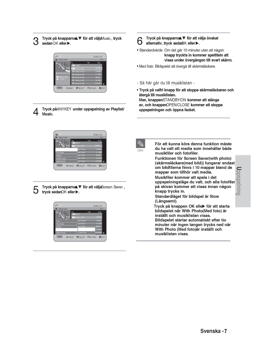 Samsung DVD-HR730/XEE manual Så här går du till musiklistan, Music, Tryck sedan OK eller u 