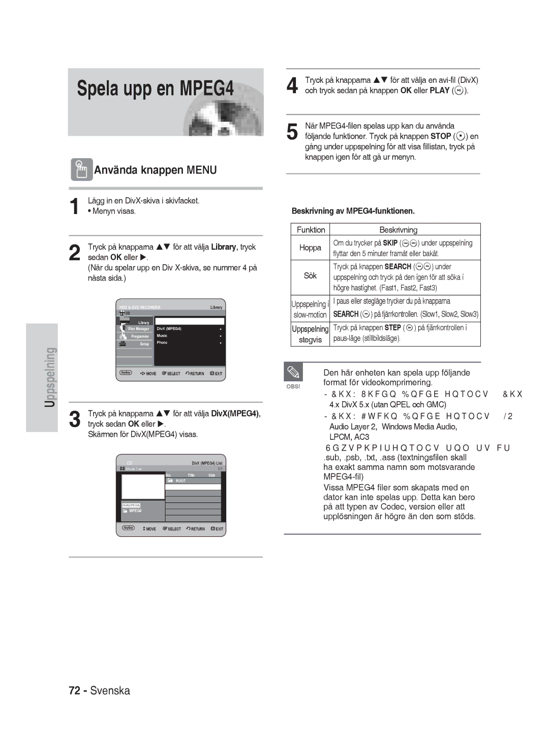 Samsung DVD-HR730/XEE manual Spela upp en MPEG4, Använda knappen Menu, Beskrivning av MPEG4-funktionen 