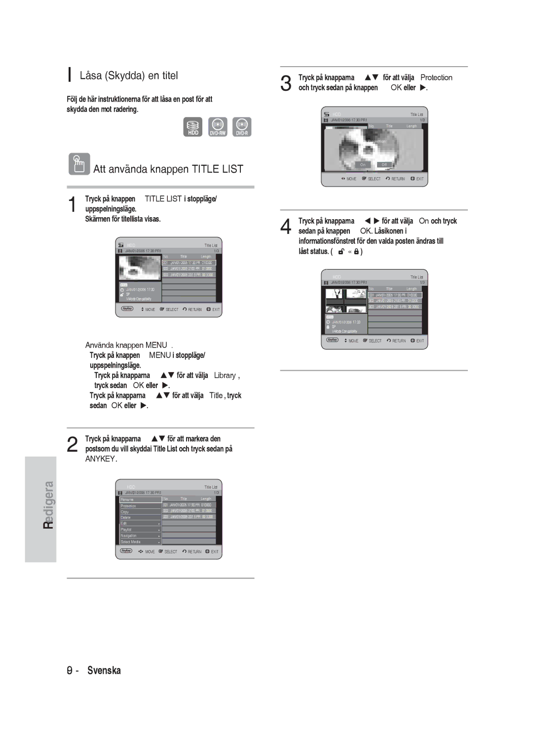 Samsung DVD-HR730/XEE manual Låsa Skydda en titel, Anykey 