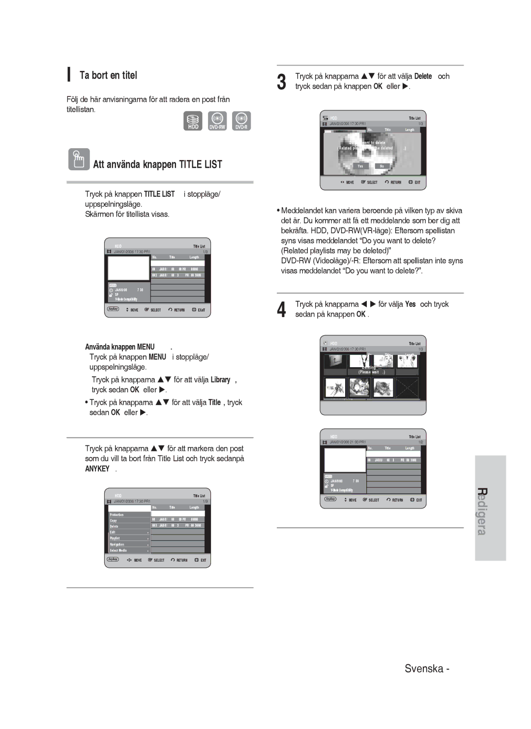 Samsung DVD-HR730/XEE manual Ta bort en titel 