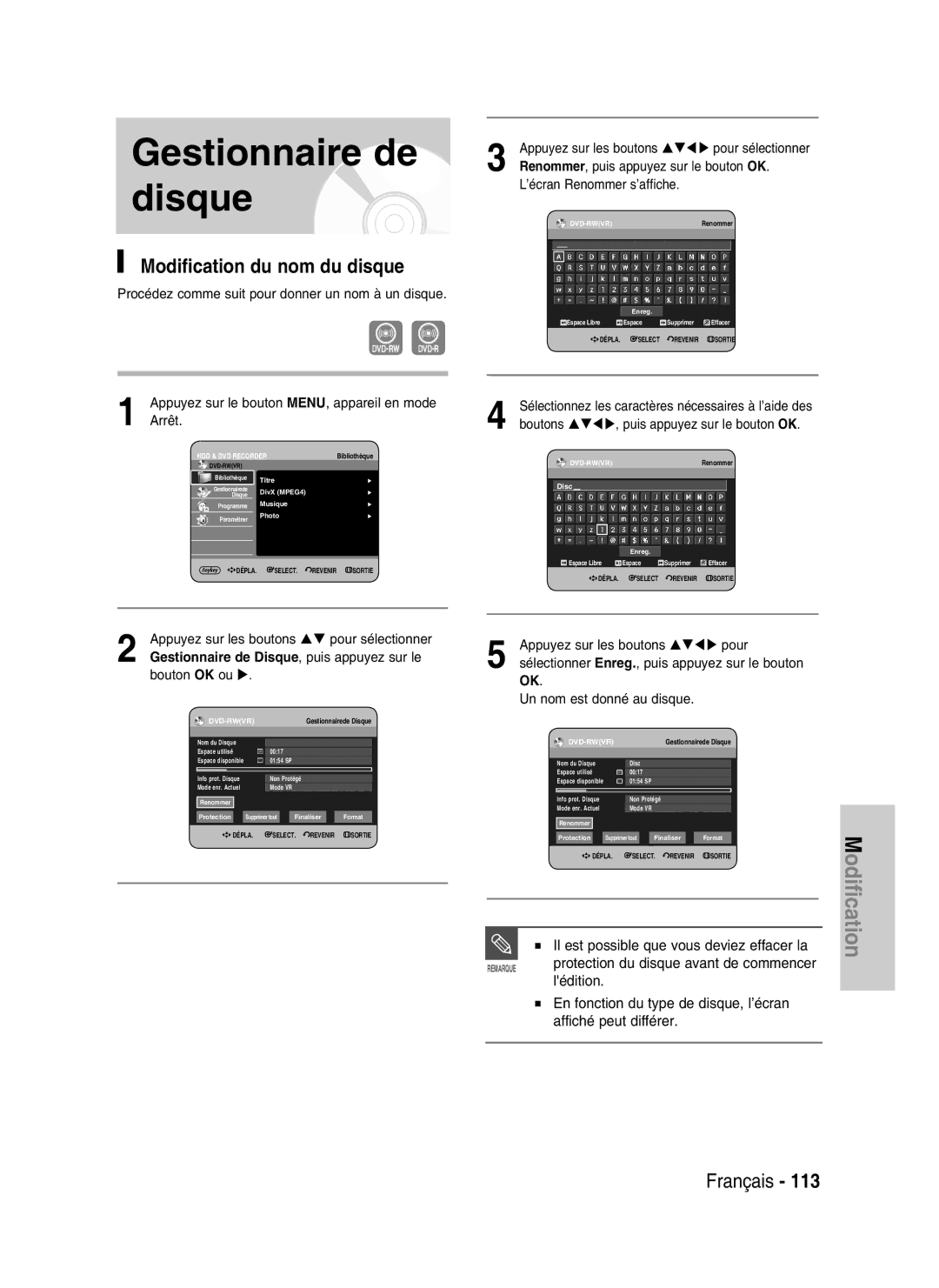 Samsung DVD-HR734/XEF manual Gestionnaire de disque, Modification du nom du disque, Renommer, puis appuyez sur le bouton OK 