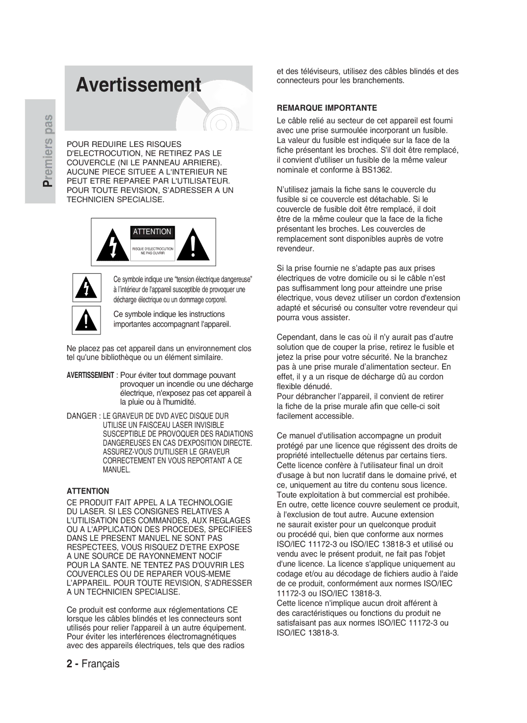 Samsung DVD-HR730/XEF, DVD-HR734/XEF manual Avertissement, Ce symbole indique une tension électrique dangereuse 