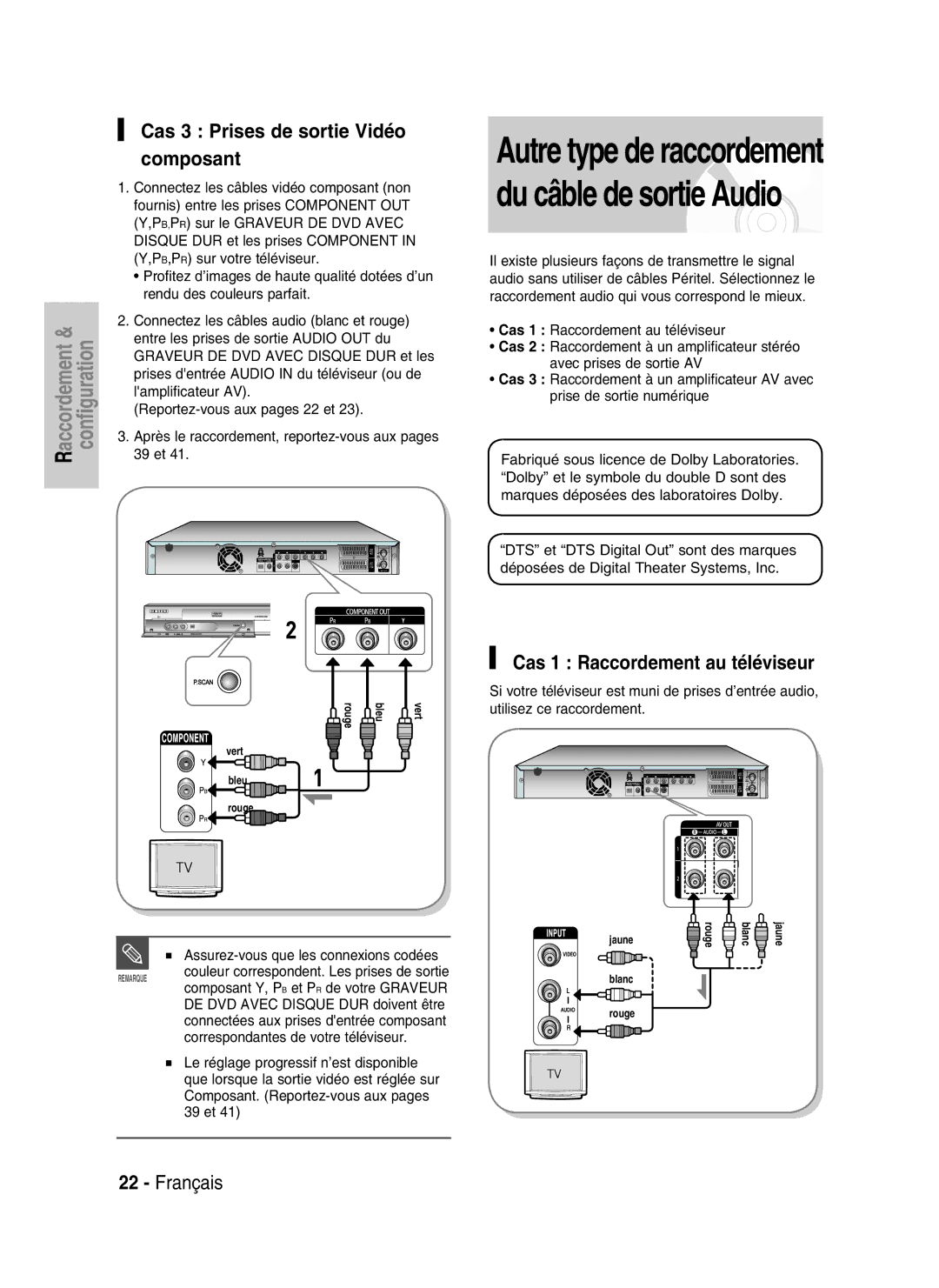 Samsung DVD-HR730/XEF, DVD-HR734/XEF manual Cas 3 Prises de sortie Vidéo composant, Cas 1 Raccordement au téléviseur 