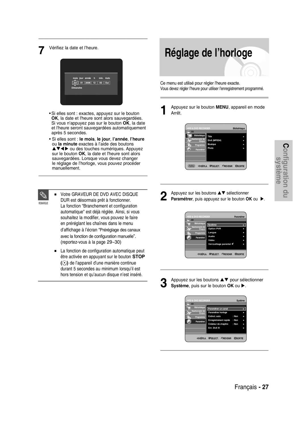 Samsung DVD-HR734/XEF manual Réglage de l’horloge, En préréglant les chaînes dans le menu, Reportez-vous à la page 29~30 