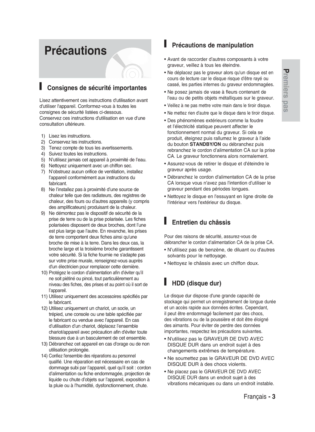 Samsung DVD-HR734/XEF manual Consignes de sécurité importantes, Précautions de manipulation, Entretien du châssis 