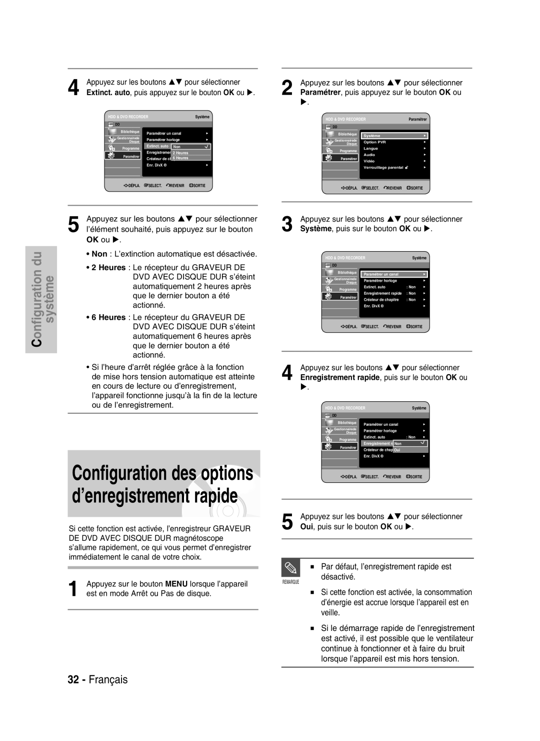 Samsung DVD-HR730/XEF, DVD-HR734/XEF manual Par défaut, l’enregistrement rapide est Désactivé 