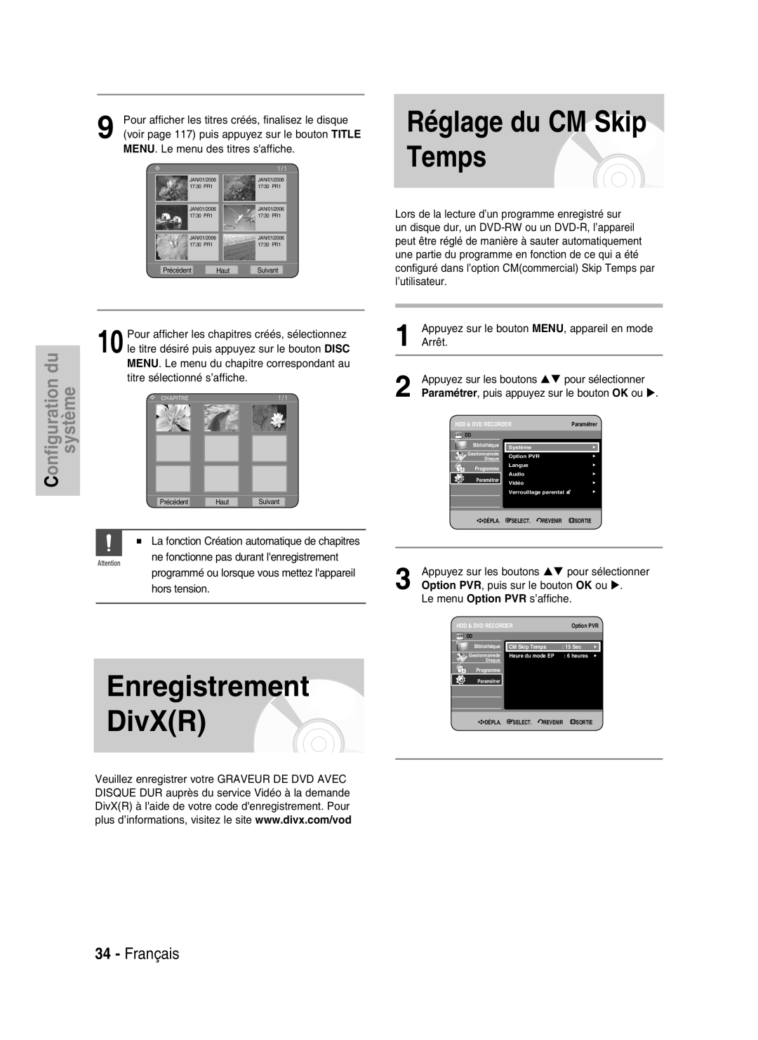 Samsung DVD-HR730/XEF Réglage du CM Skip Temps, Appuyez sur les boutons Pour sélectionner, Le menu Option PVR s’affiche 