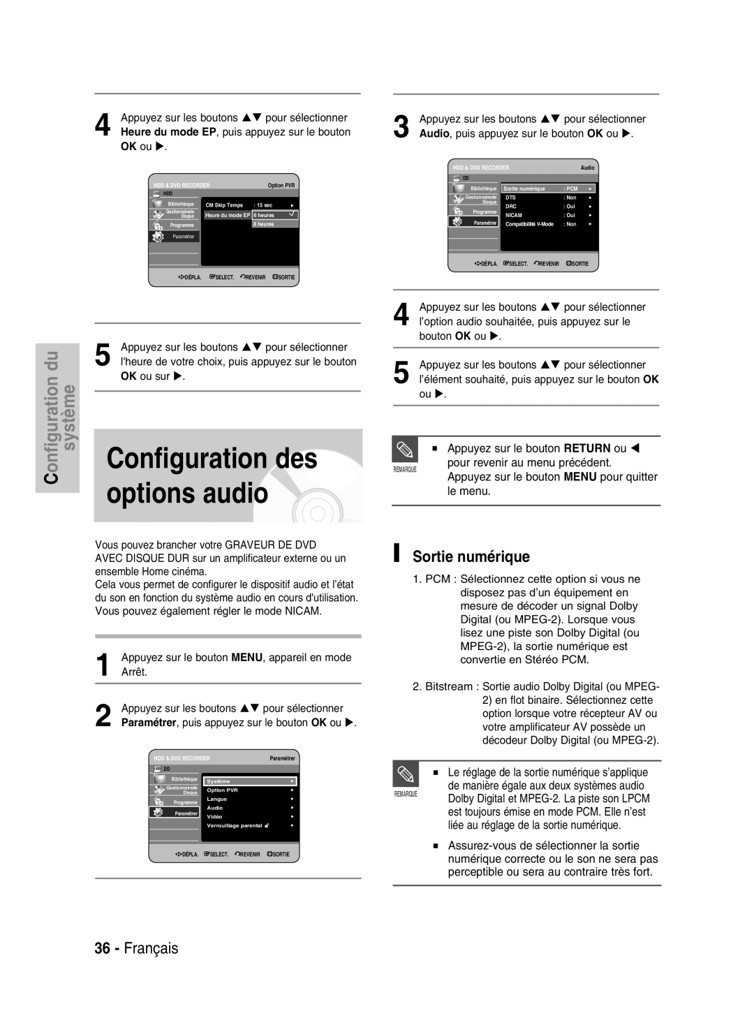 Samsung DVD-HR730/XEF, DVD-HR734/XEF manual Configuration des, Sortie numérique, Appuyez sur le bouton Return ou 