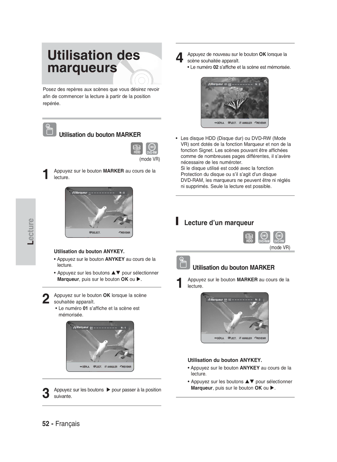 Samsung DVD-HR730/XEF, DVD-HR734/XEF manual Utilisation des marqueurs, Lecture d’un marqueur, Utilisation du bouton Marker 