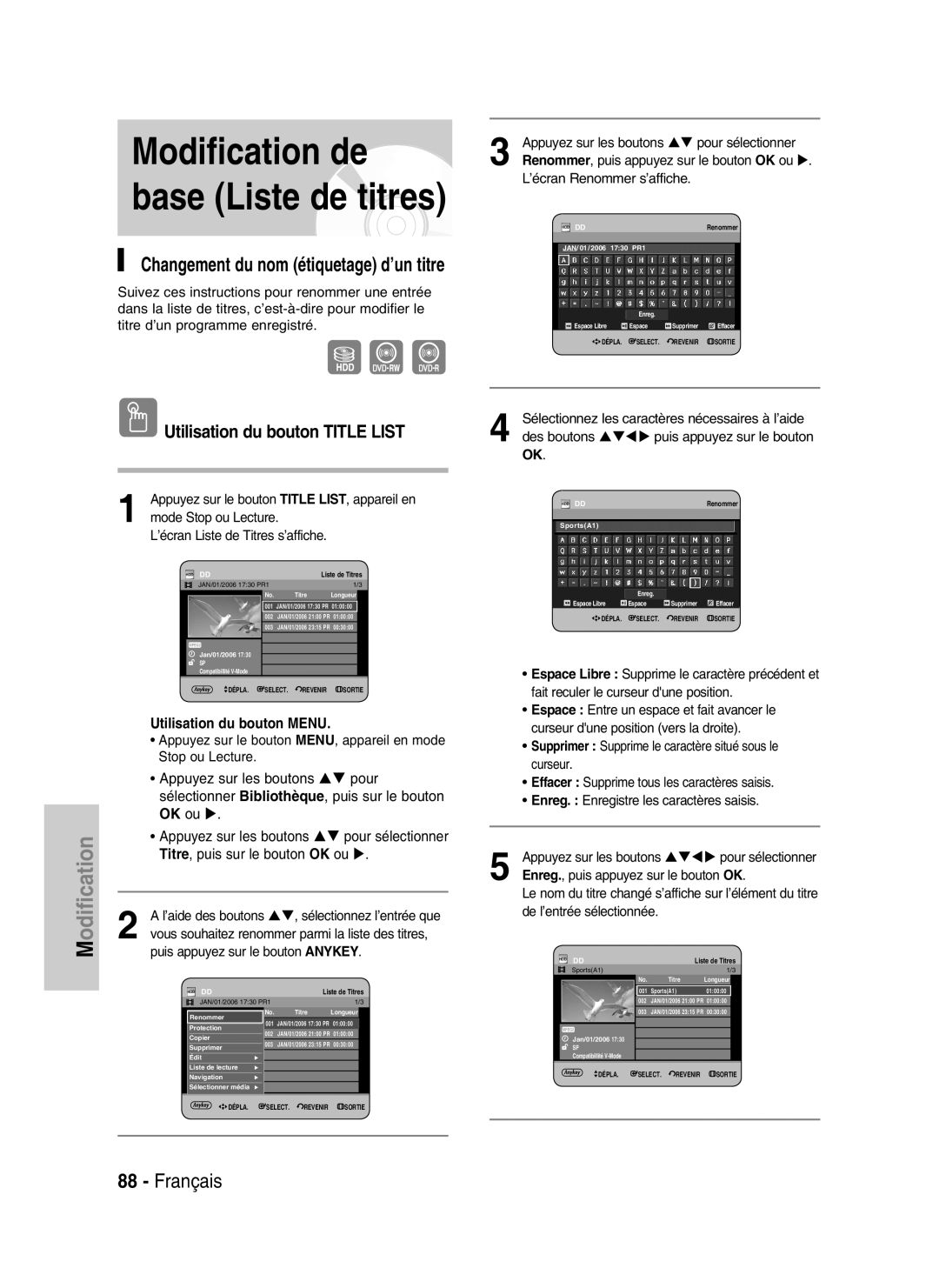 Samsung DVD-HR730/XEF, DVD-HR734/XEF manual Changement du nom étiquetage d’un titre 