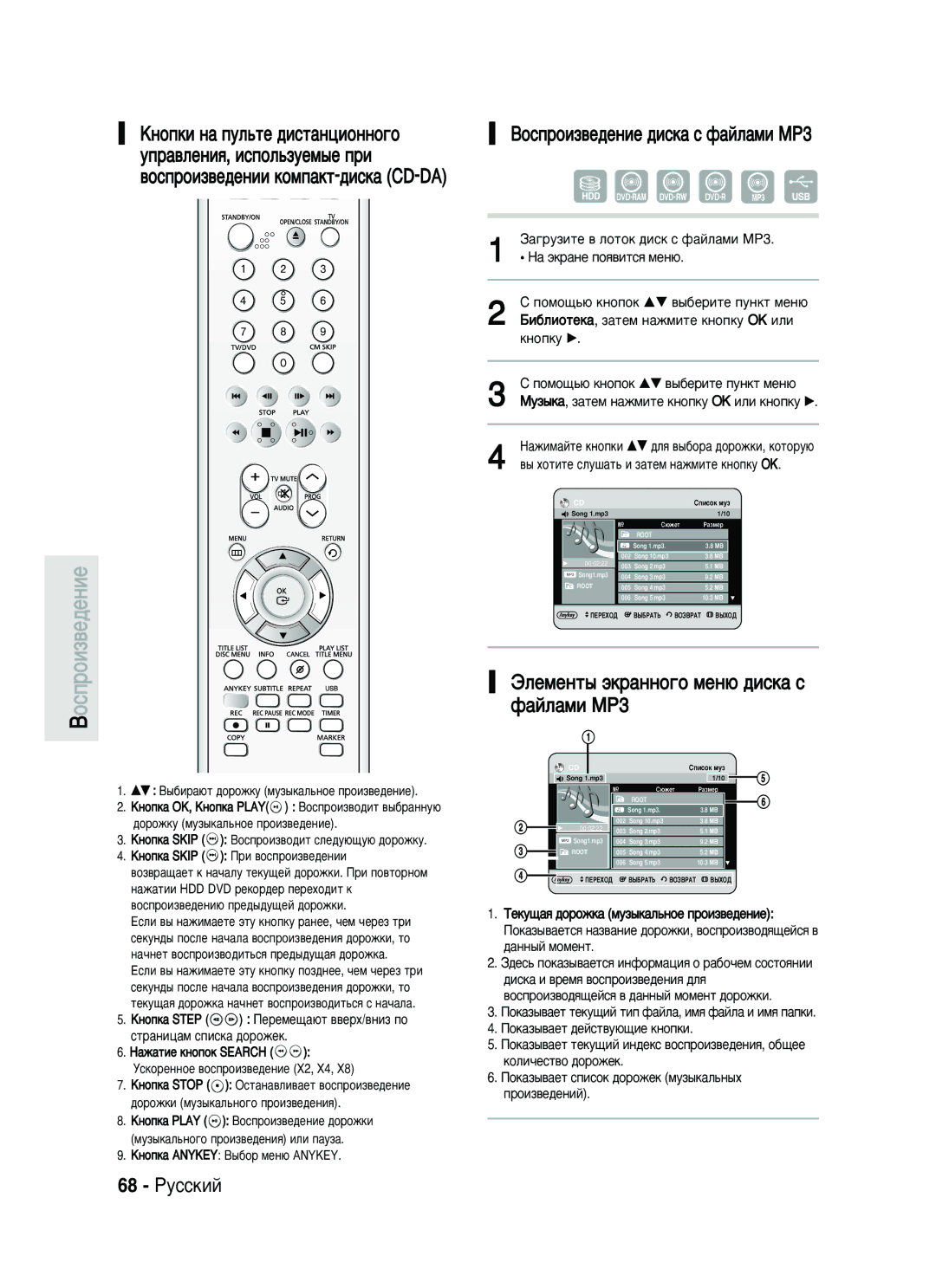 Samsung DVD-HR733/SEO manual 68 êÛÒÒÍËÈ, ÙÎÂÏÂÌÚ˚ ˝Í‡ÌÌÓ„Ó ÏÂÌ˛ ‰ËÒÍ‡ Ò Ù‡ÈÎ‡ÏË MP3, ÄÌÓÔÍ‡ Skip èË ‚ÓÒÔÓËÁ‚Â‰ÂÌËË 