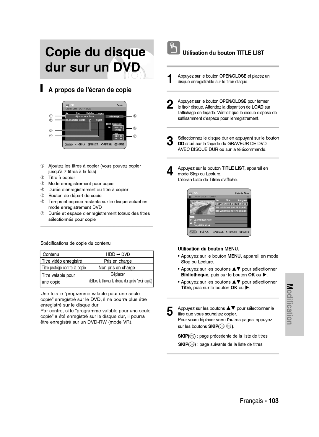 Samsung DVD-HR730A/XEF Copie du disque dur sur un DVD, Propos de l’écran de copie, Non pris en charge, Titre valable pour 