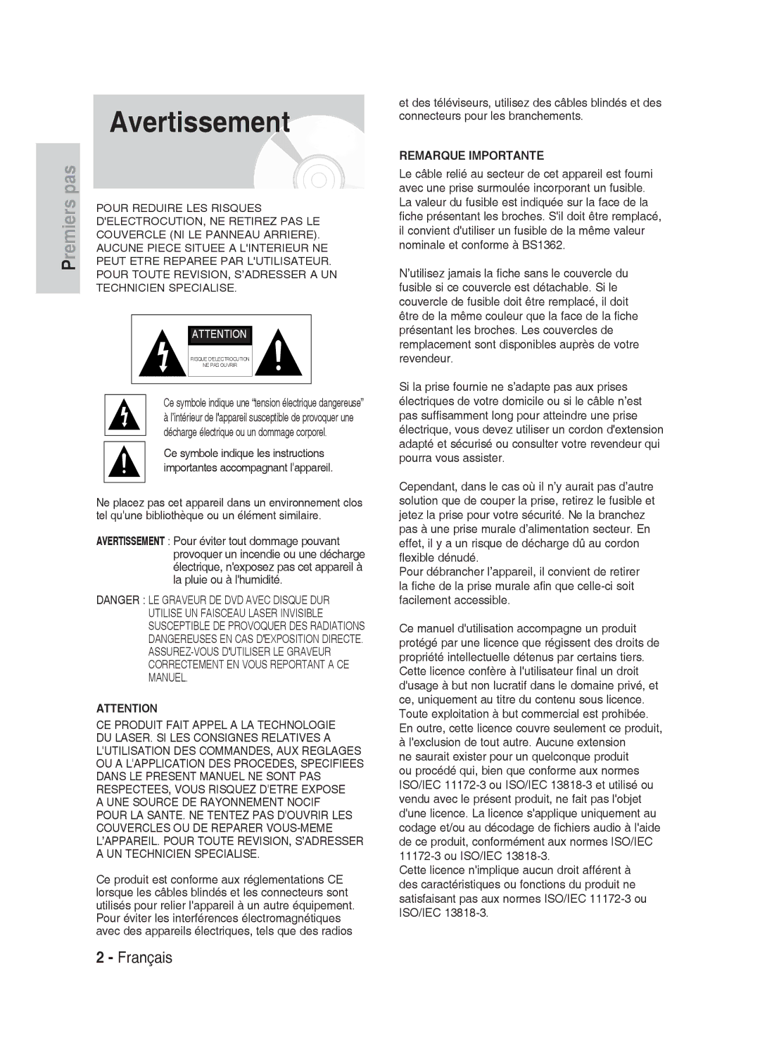 Samsung DVD-HR734A/XEF, DVD-HR730A/XEF manual Avertissement, Ce symbole indique une tension électrique dangereuse 