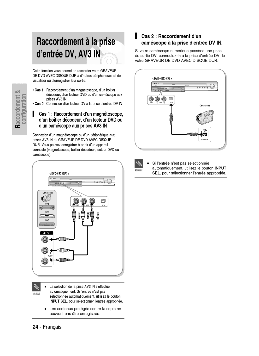 Samsung DVD-HR734A/XEF, DVD-HR730A/XEF manual Dun caméscope aux prises AV3, Cas 