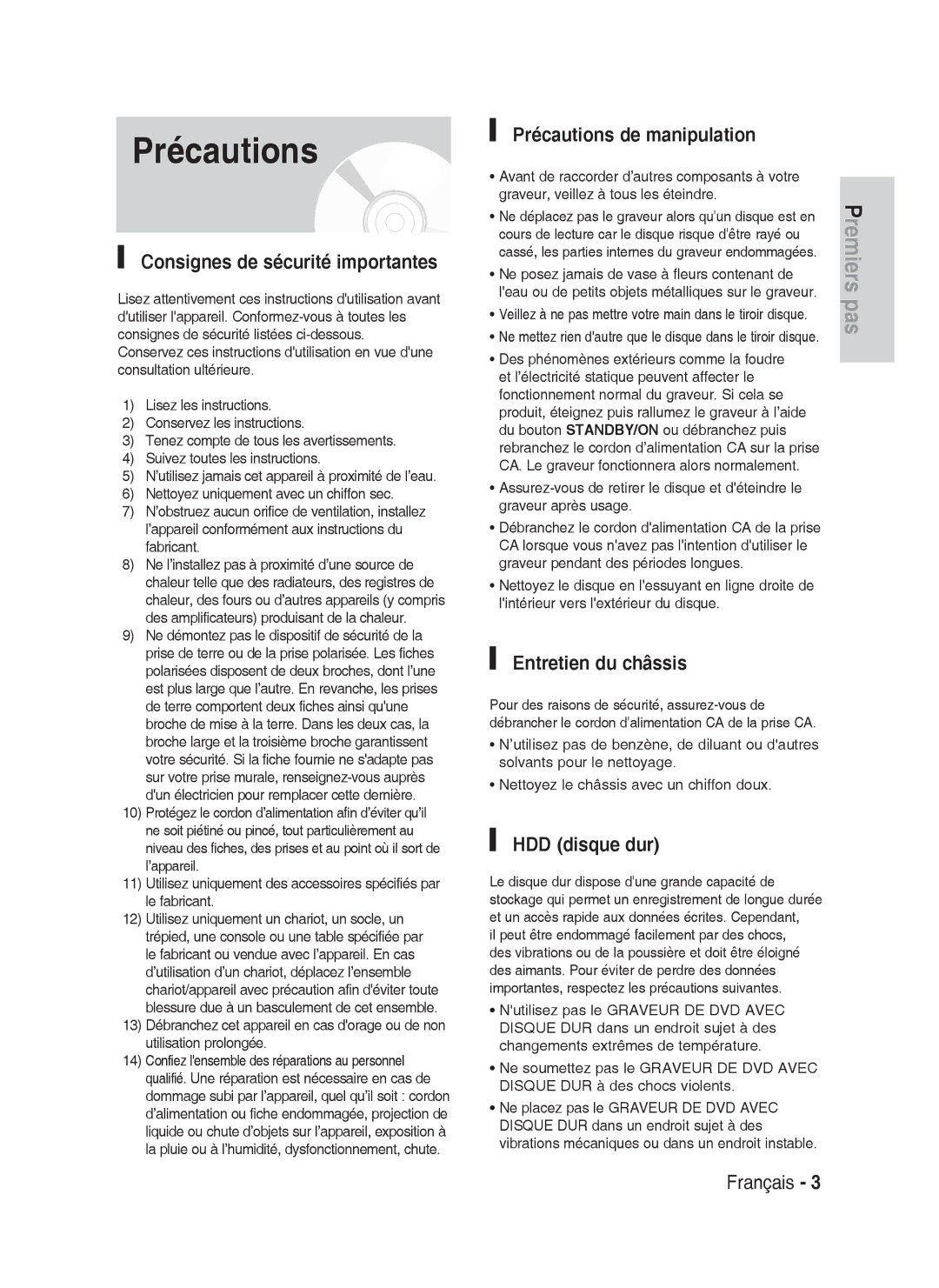 Samsung DVD-HR730A/XEF manual Consignes de sécurité importantes, Précautions de manipulation, Entretien du châssis 