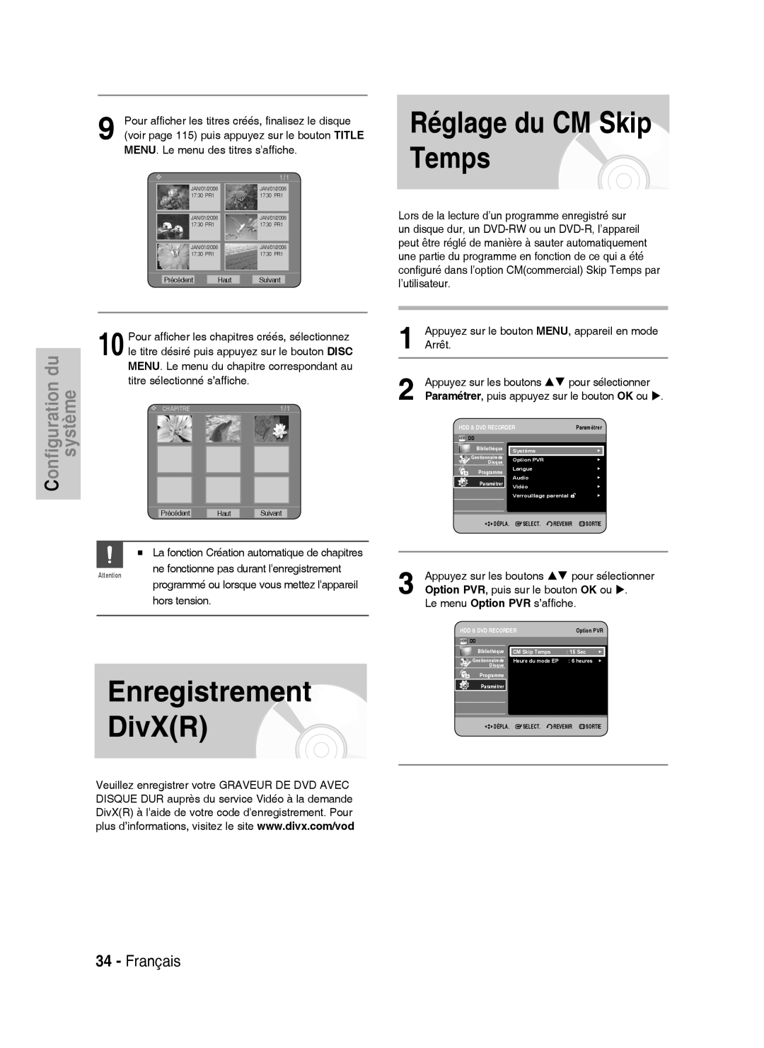 Samsung DVD-HR734A/XEF, DVD-HR730A/XEF manual Réglage du CM Skip Temps 