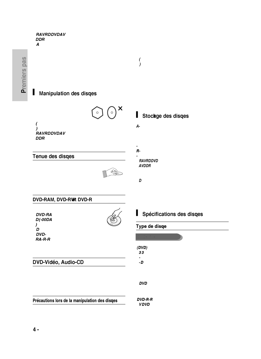 Samsung DVD-HR734A/XEF manual Manipulation des disques, Tenue des disques, DVD-Vidéo, Audio-CD, Stockage des disques 