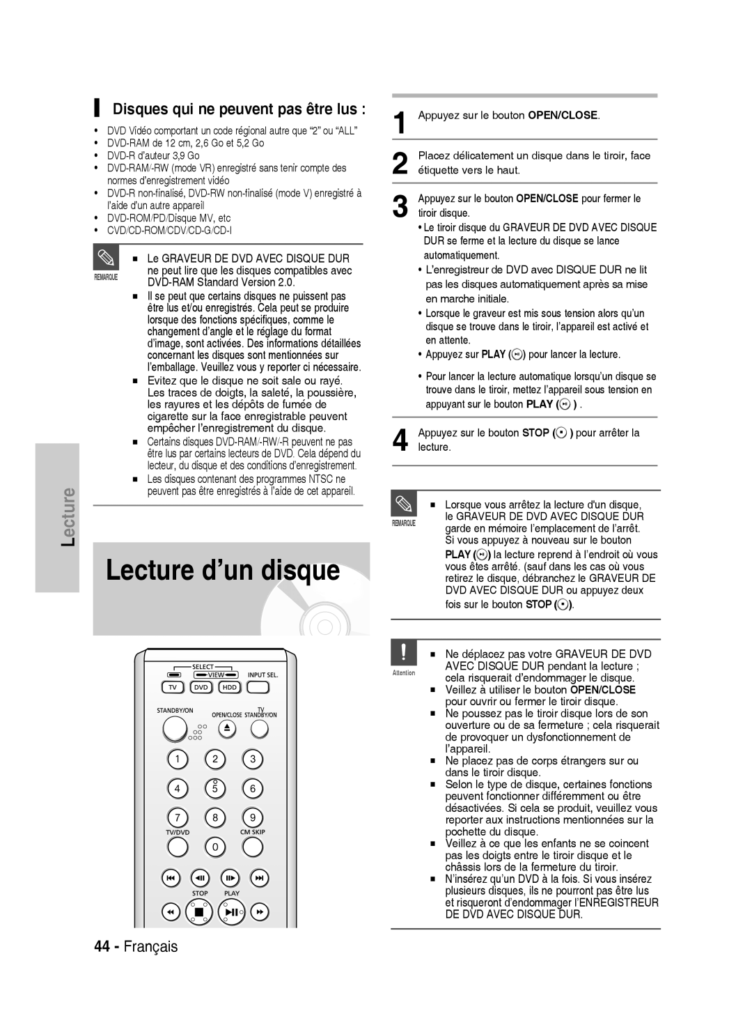 Samsung DVD-HR734A/XEF, DVD-HR730A/XEF Lecture d’un disque, Disques qui ne peuvent pas être lus, DVD-RAM Standard Version 