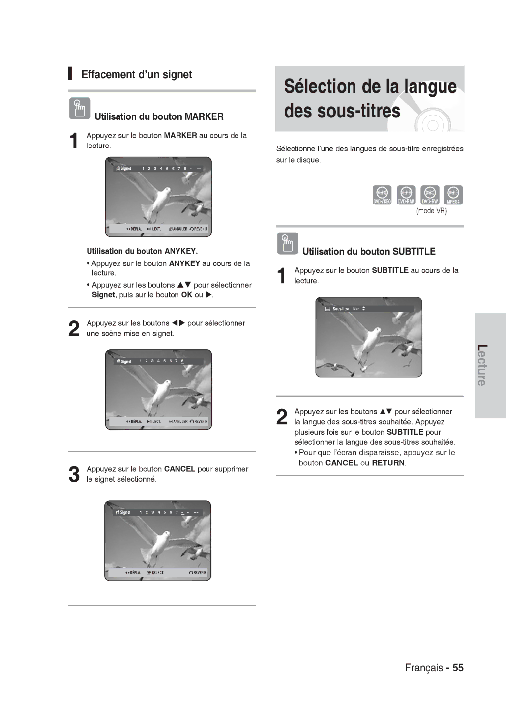 Samsung DVD-HR730A/XEF, DVD-HR734A/XEF manual Effacement d’un signet, Utilisation du bouton Subtitle 