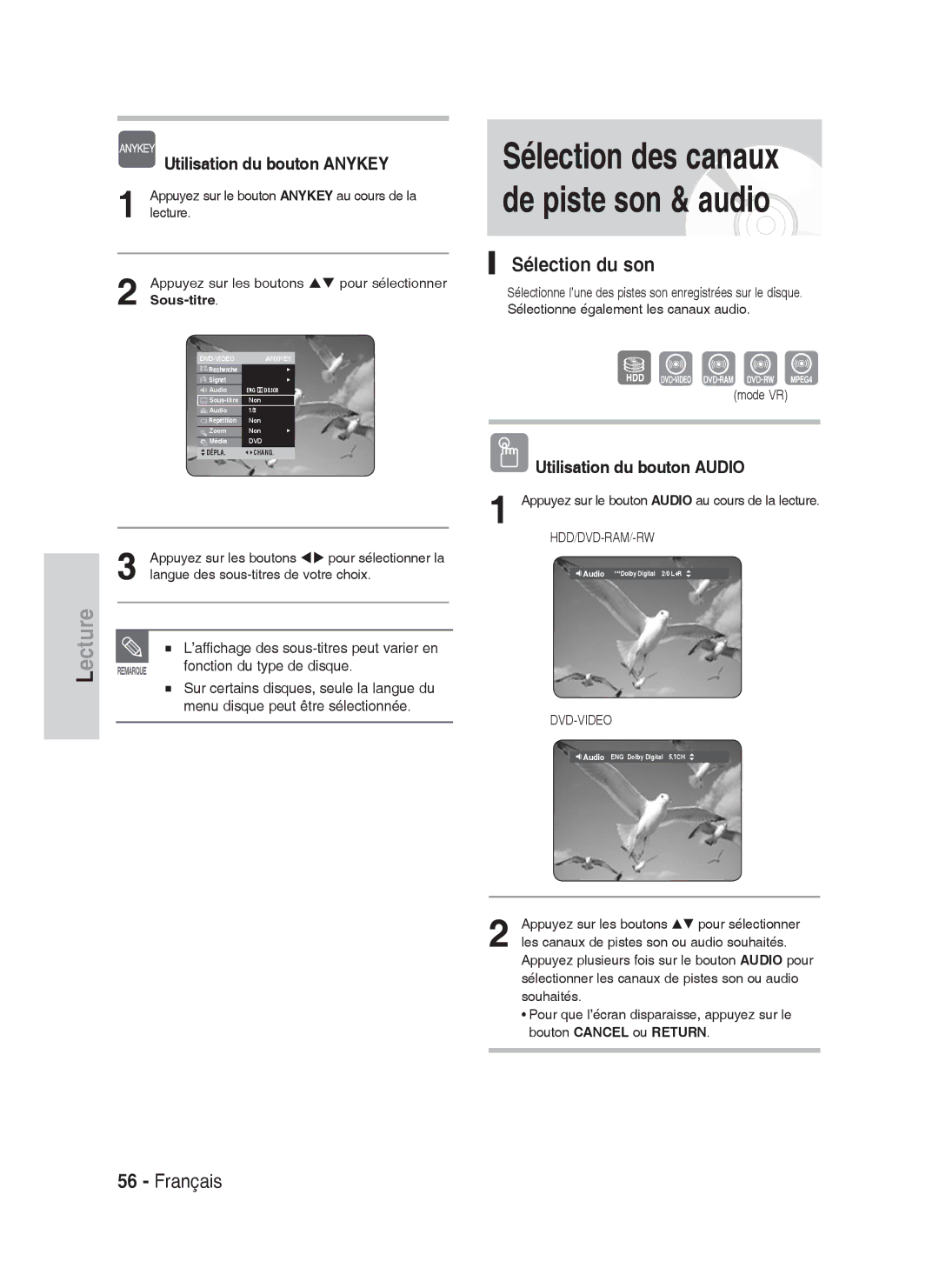 Samsung DVD-HR734A/XEF, DVD-HR730A/XEF manual Sélection du son, Utilisation du bouton Audio, Fonction du type de disque 