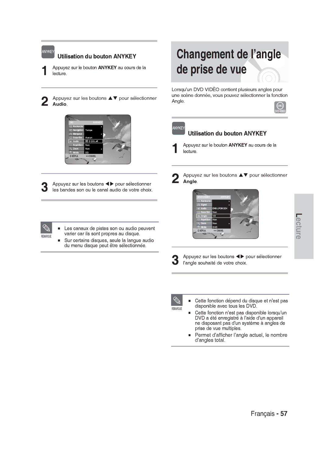 Samsung DVD-HR730A/XEF manual Varier car ils sont propres au disque, Du menu disque peut être sélectionnée, ’angles total 