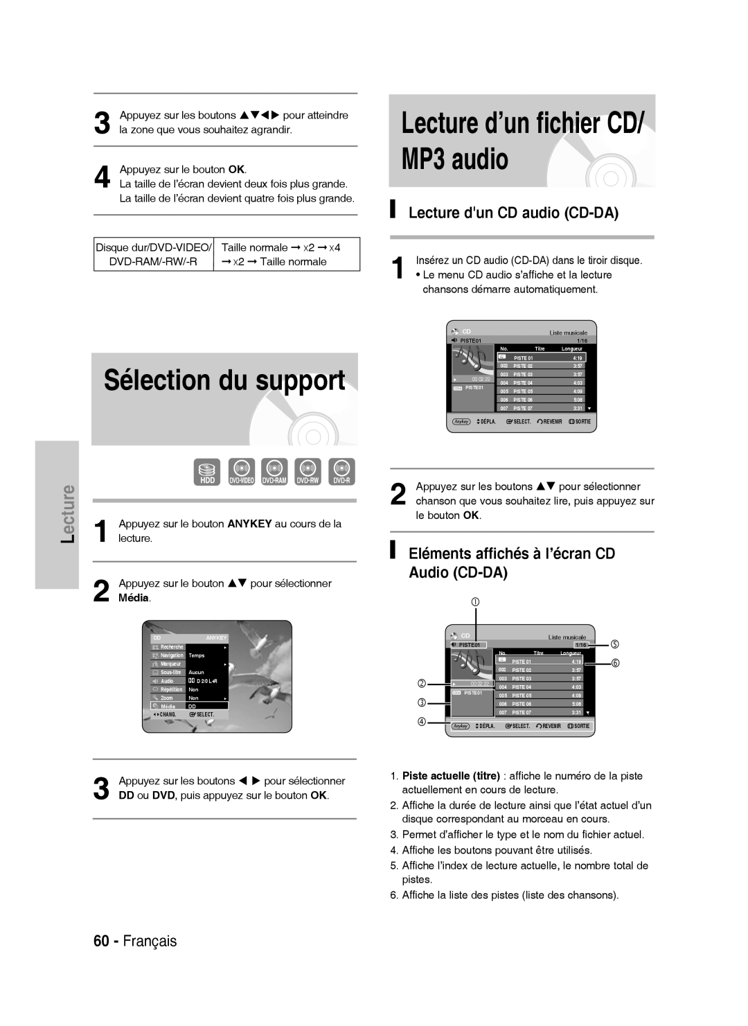 Samsung DVD-HR734A/XEF manual Sélection du support, Lecture dun CD audio CD-DA, Eléments affichés à l’écran CD Audio CD-DA 