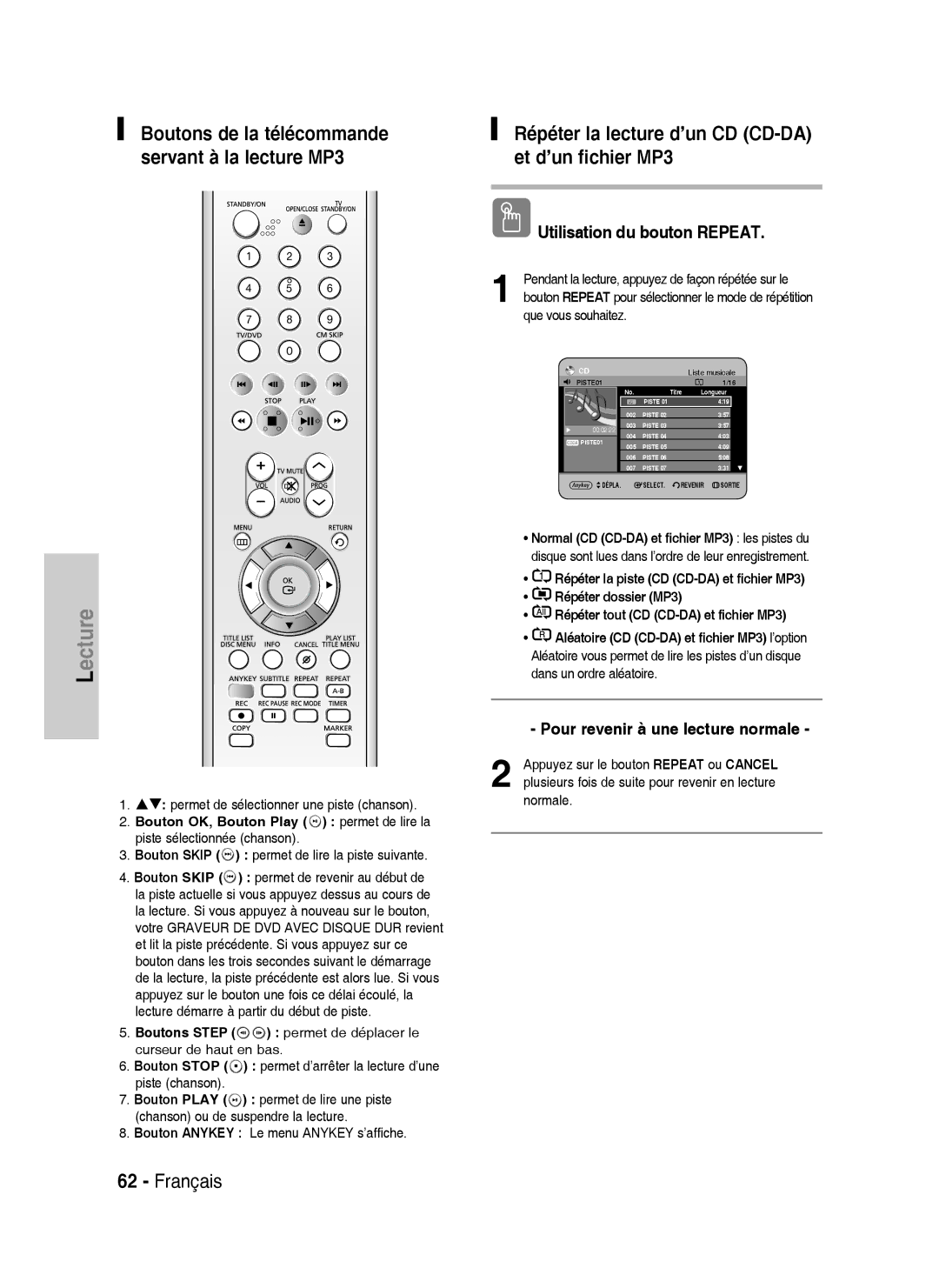 Samsung DVD-HR734A/XEF Répéter la lecture d’un CD CD-DA et d’un fichier MP3, Bouton Skip permet de lire la piste suivante 