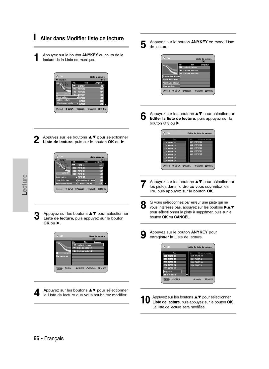 Samsung DVD-HR734A/XEF Aller dans Modifier liste de lecture, La Liste de lecture que vous souhaitez modifier, De lecture 