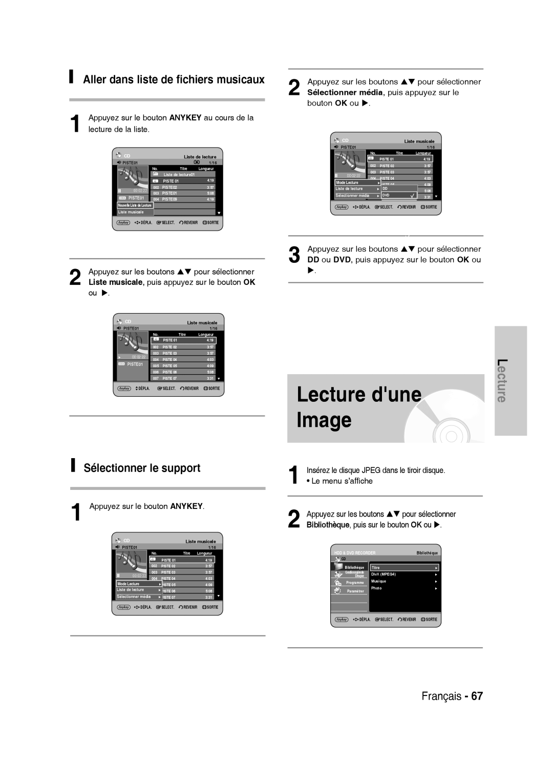 Samsung DVD-HR730A/XEF, DVD-HR734A/XEF Lecture dune Image, Aller dans liste de fichiers musicaux, Sélectionner le support 