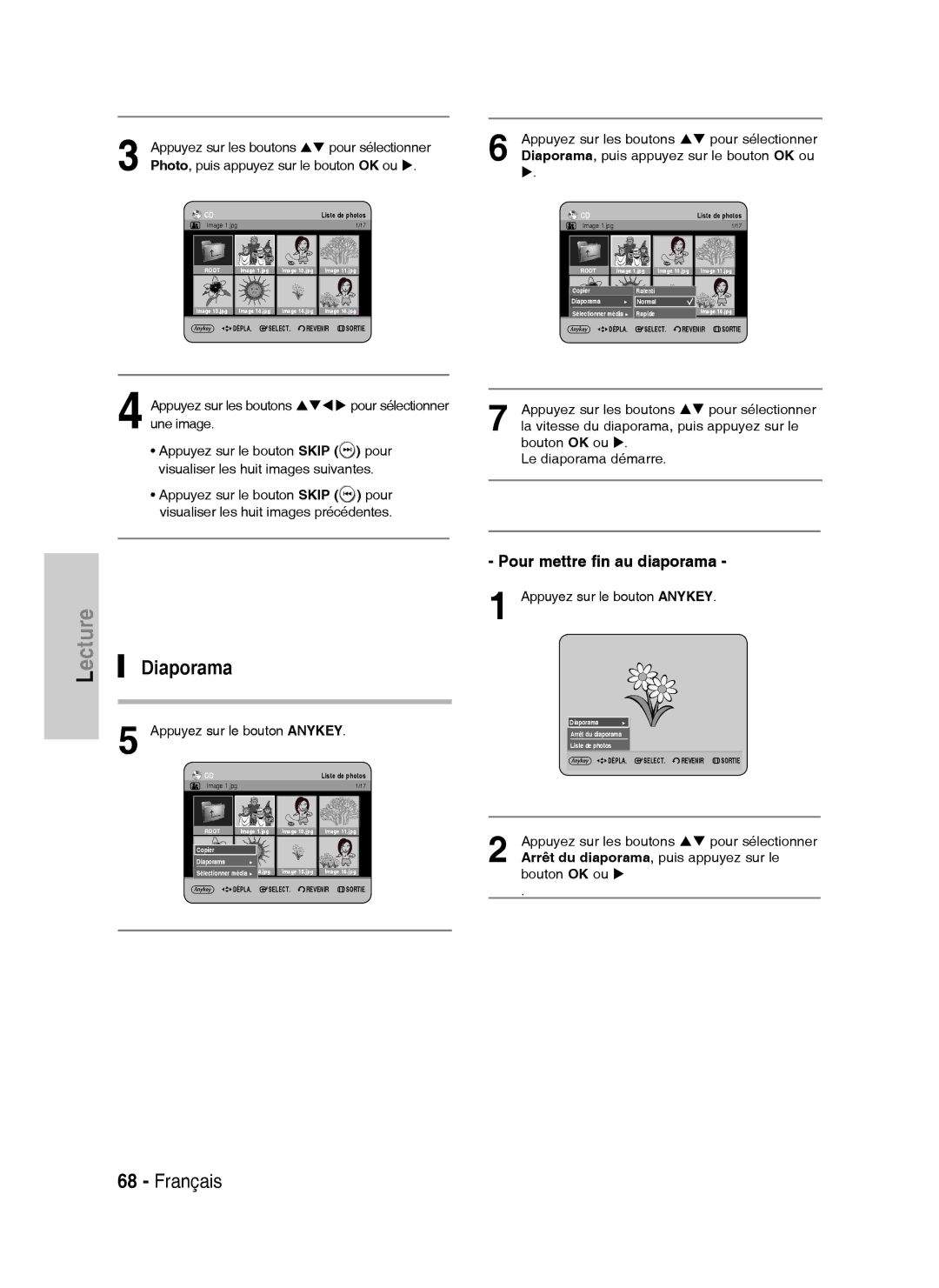 Samsung DVD-HR734A/XEF, DVD-HR730A/XEF Diaporama, Pour mettre fin au diaporama, Photo, puis appuyez sur le bouton OK ou 