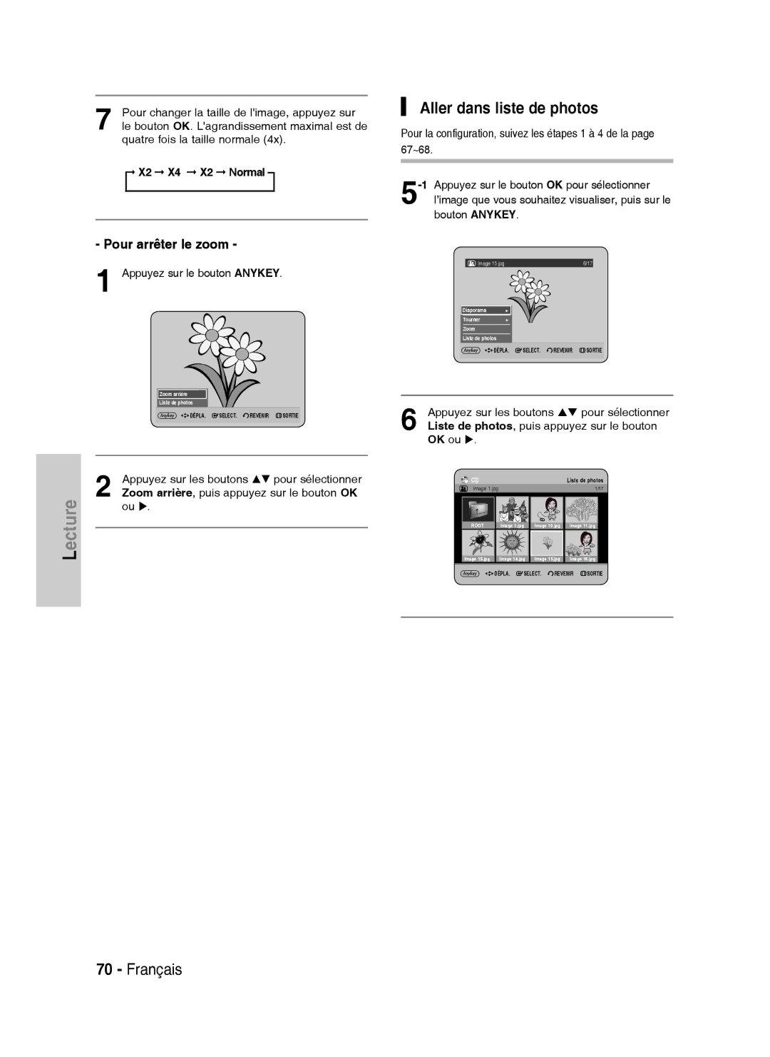 Samsung DVD-HR734A/XEF, DVD-HR730A/XEF manual Aller dans liste de photos, Pour arrêter le zoom, X2 Normal 