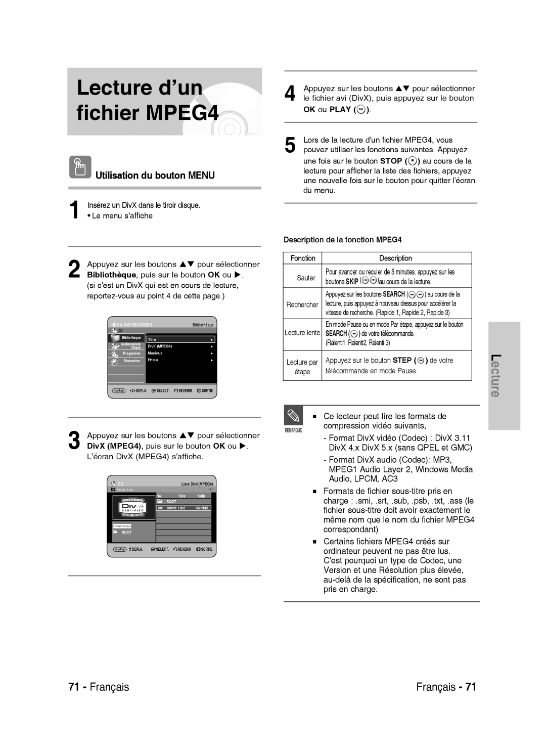 Samsung DVD-HR730A/XEF, DVD-HR734A/XEF manual Lecture d’un fichier MPEG4, Utilisation du bouton Menu, OK ou Play 