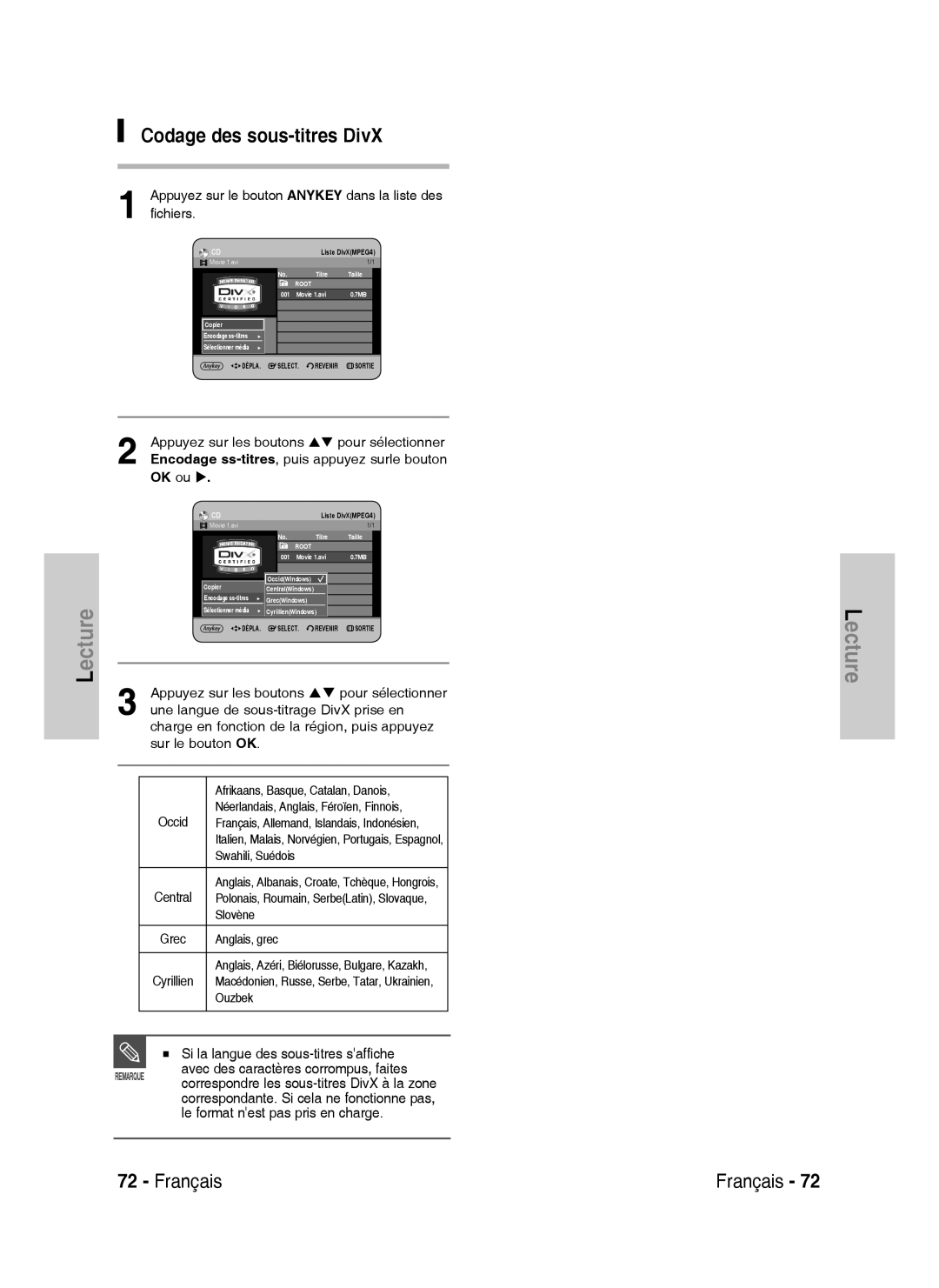 Samsung DVD-HR734A/XEF, DVD-HR730A/XEF manual Codage des sous-titres DivX, Si la langue des sous-titres saffiche 