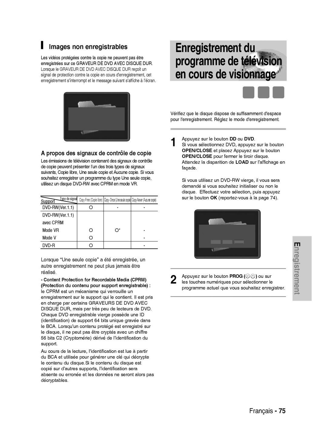 Samsung DVD-HR730A/XEF, DVD-HR734A/XEF manual Images non enregistrables, Propos des signaux de contrôle de copie 