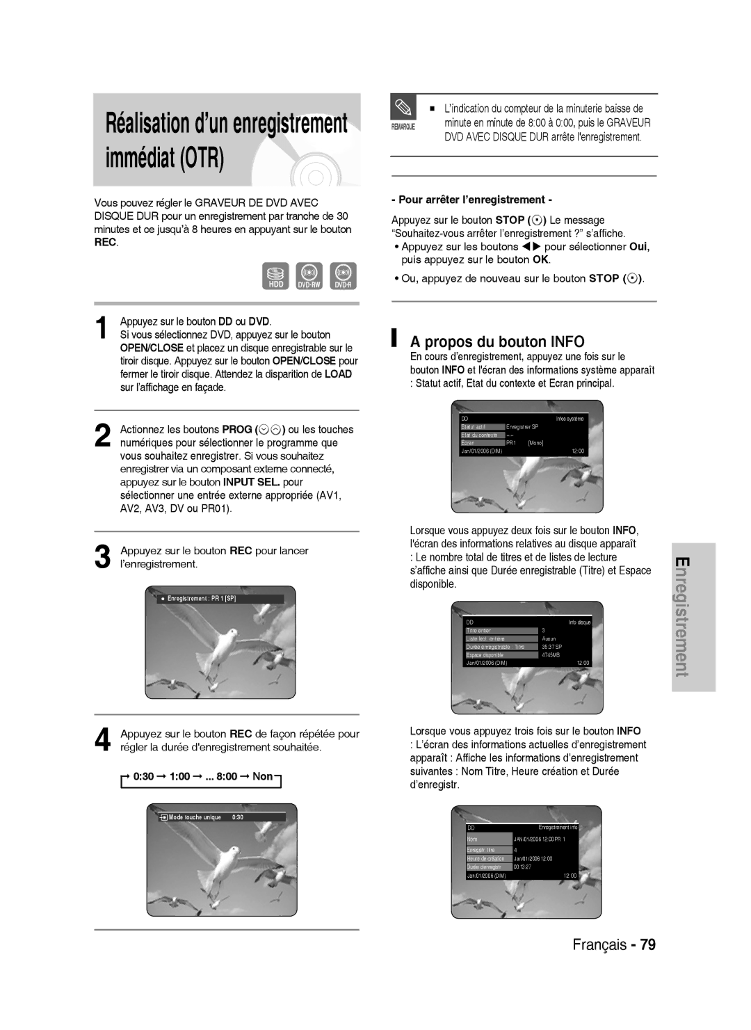 Samsung DVD-HR730A/XEF manual Propos du bouton Info, Appuyez sur le bouton REC pour lancer l’enregistrement, 030 100 .. Non 