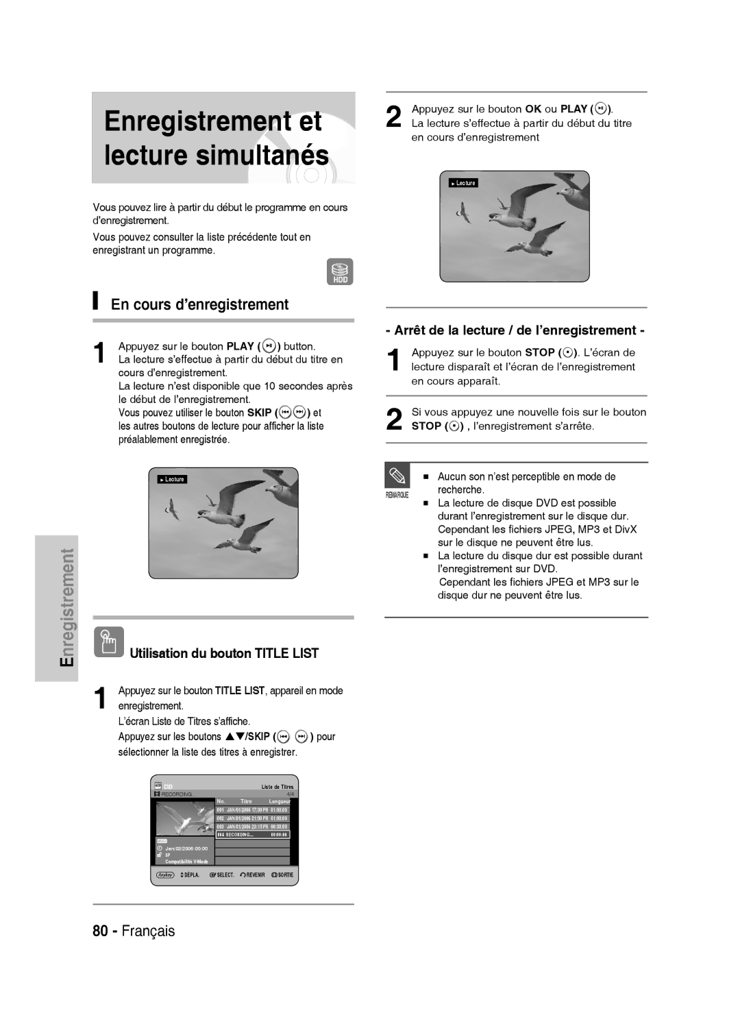 Samsung DVD-HR734A/XEF manual En cours d’enregistrement, Arrêt de la lecture / de l’enregistrement, Enregistrement, Pour 