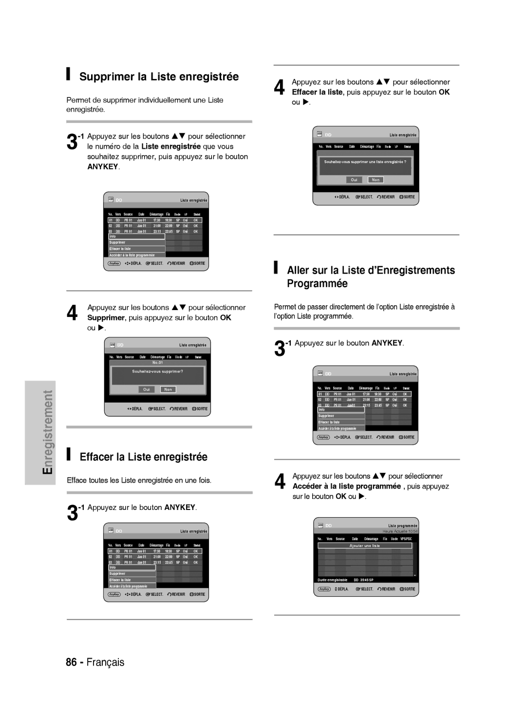 Samsung DVD-HR734A/XEF, DVD-HR730A/XEF Supprimer la Liste enregistrée, Effacer la Liste enregistrée, Sur le bouton OK ou 