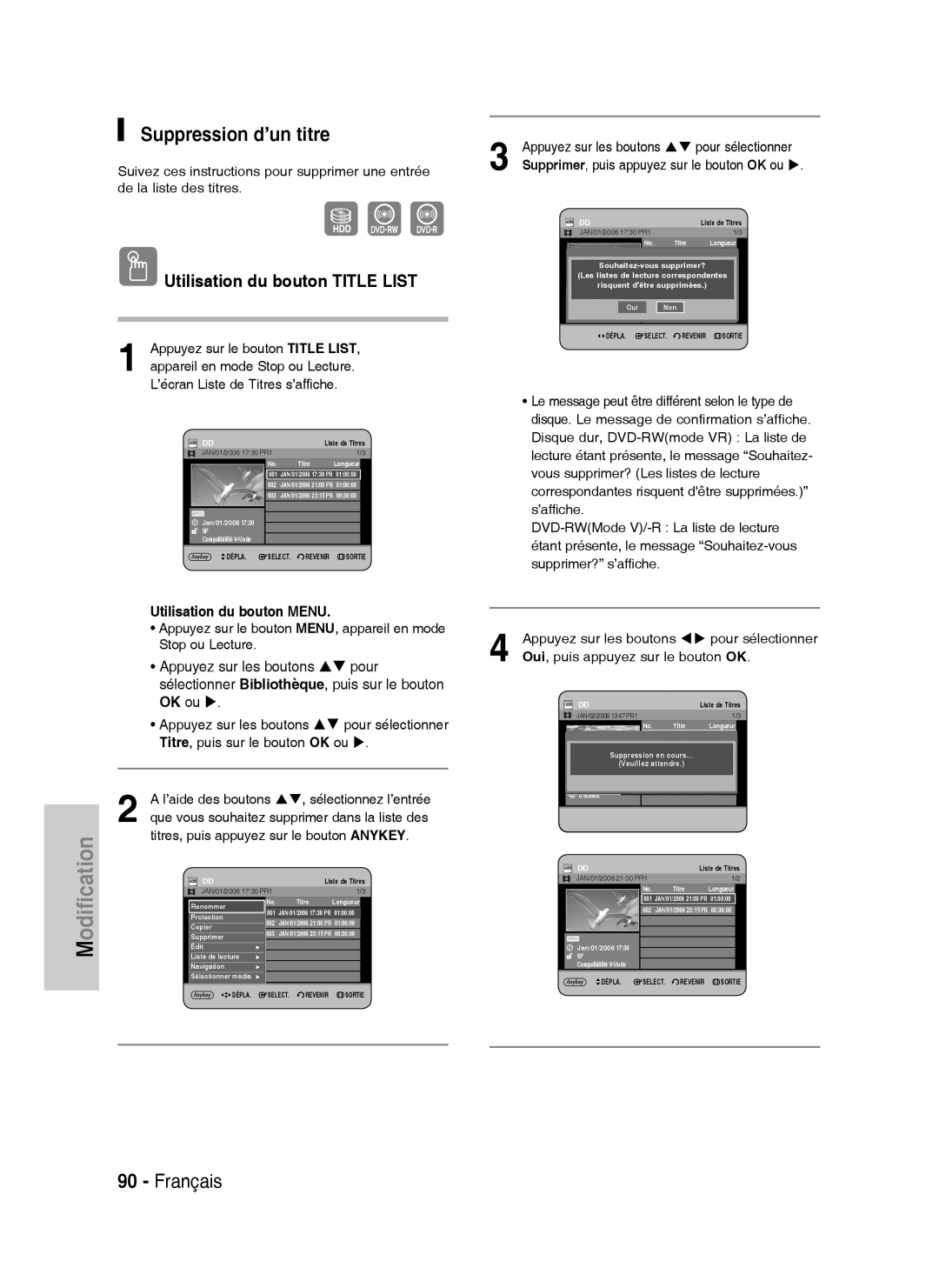 Samsung DVD-HR734A/XEF manual Suppression d’un titre, Que vous souhaitez supprimer dans la liste des, Sélectionnez l’entrée 