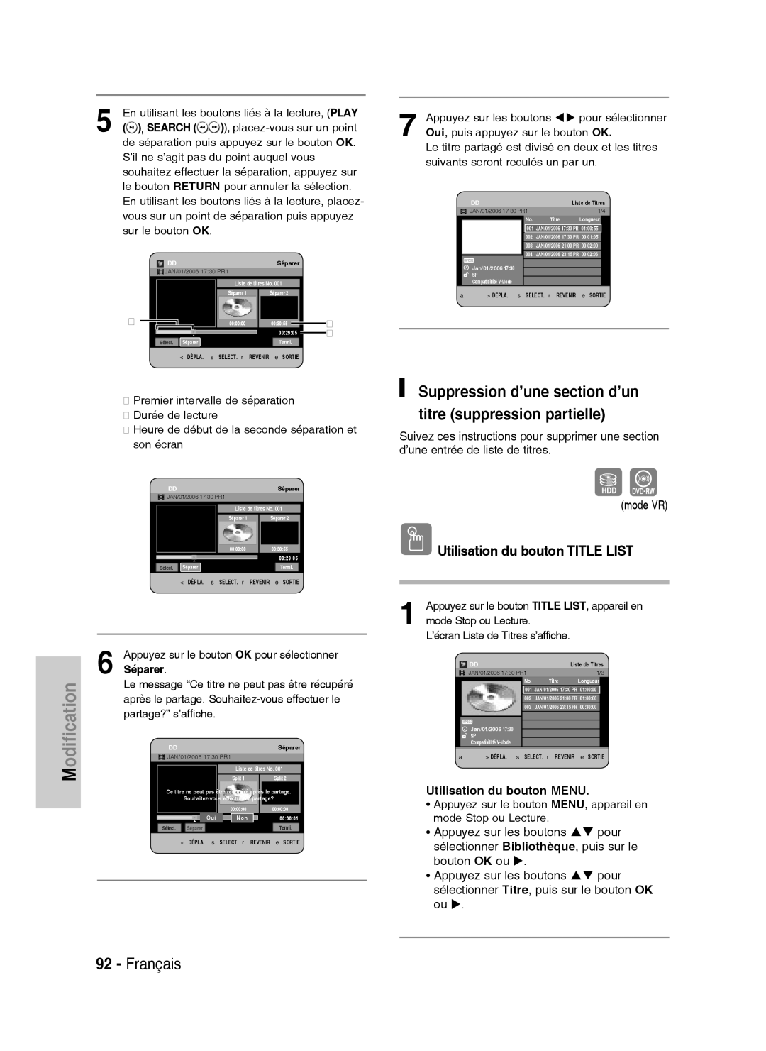 Samsung DVD-HR734A/XEF, DVD-HR730A/XEF manual Suppression d’une section d’un titre suppression partielle 