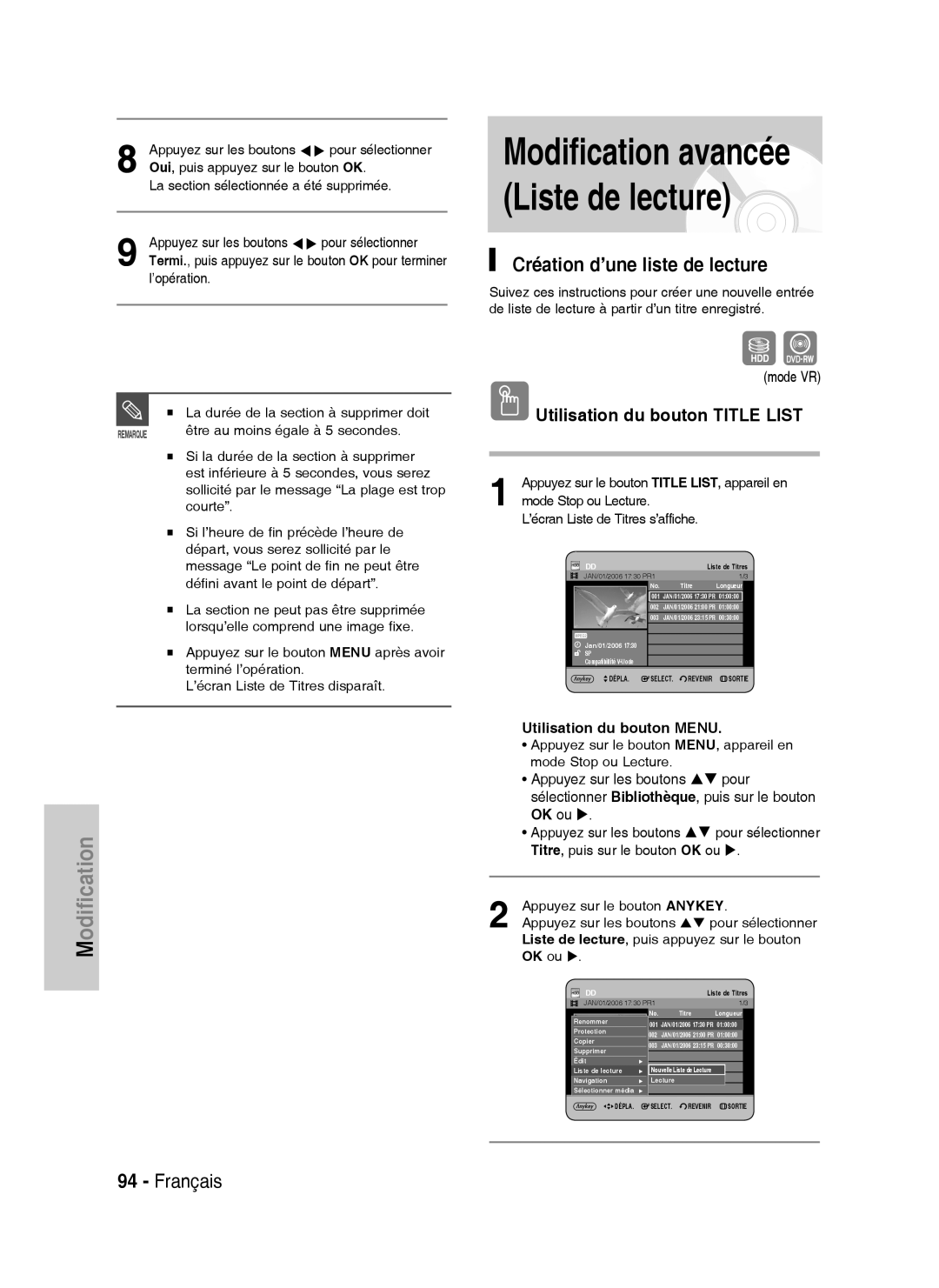 Samsung DVD-HR734A/XEF, DVD-HR730A/XEF Création d’une liste de lecture, ’opération La durée de la section à supprimer doit 