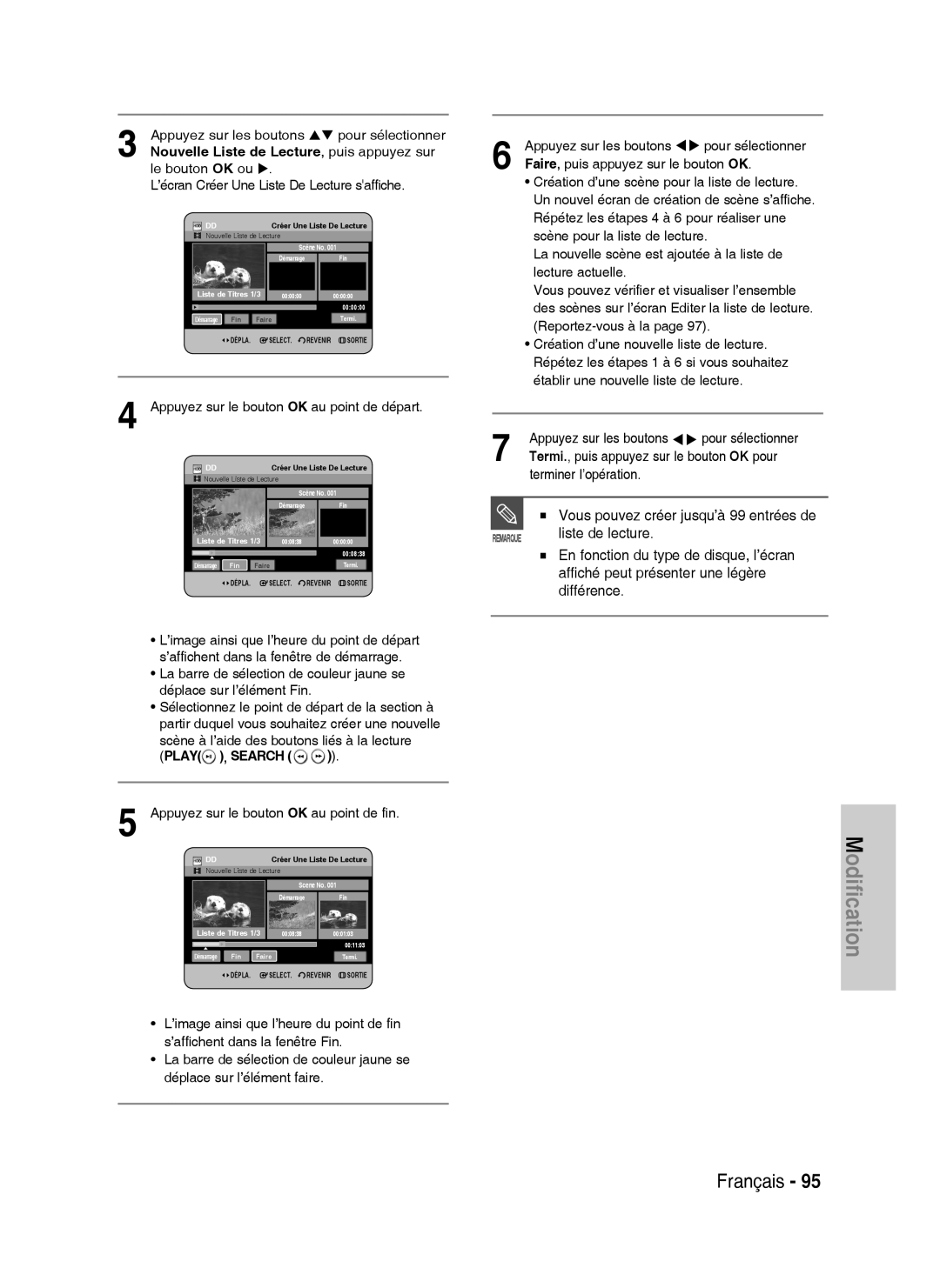 Samsung DVD-HR730A/XEF Liste de lecture, Appuyez sur le bouton OK au point de fin, Faire, puis appuyez sur le bouton OK 