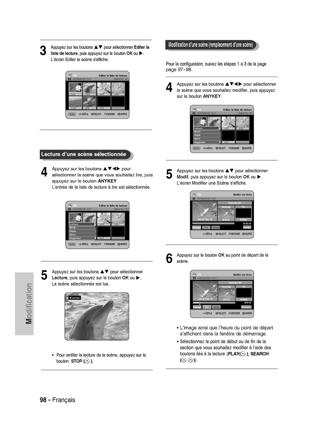 Samsung DVD-HR734A/XEF Boutons liés à la lecture Play , Search, Scène, Appuyez sur le bouton OK au point de départ de la 