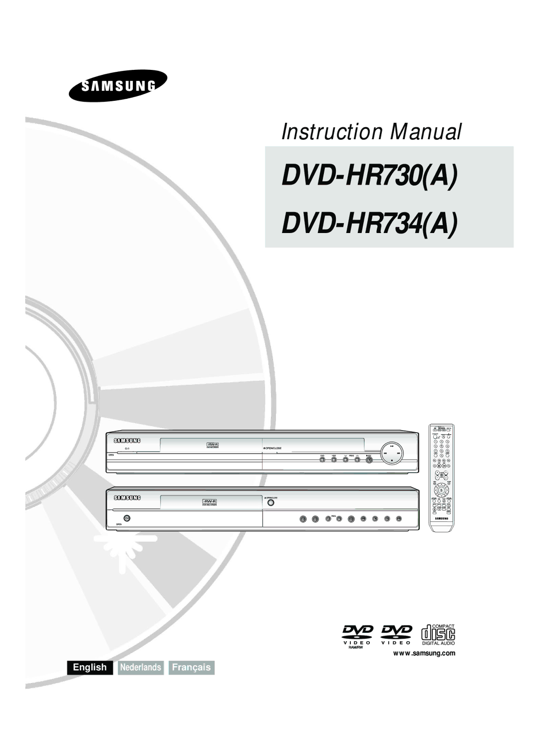 Samsung DVD-HR730A/XEB, DVD-HR734A/XEG manual DVD-HR730A DVD-HR734A, English Nederlands Français 