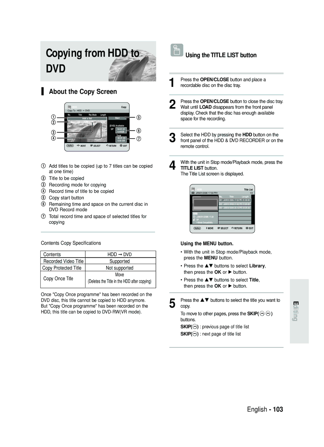 Samsung DVD-HR730A/XEB, DVD-HR734A/XEG manual About the Copy Screen 