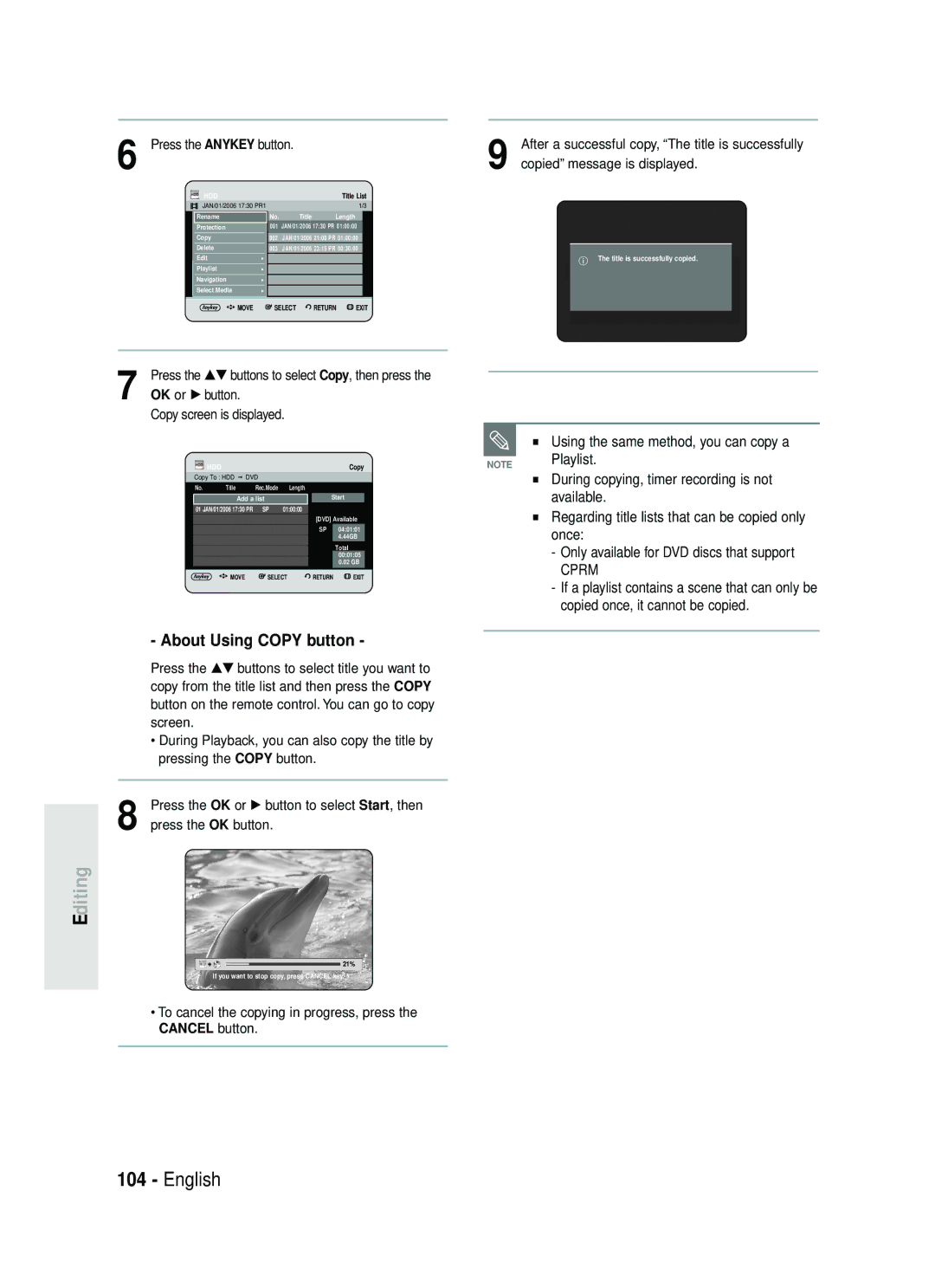 Samsung DVD-HR734A/XEG, DVD-HR730A/XEB About Using Copy button, To cancel the copying in progress, press the Cancel button 